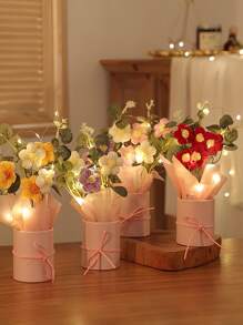 1 套手工编织羊毛人造花束，织物编织假花，包括桶和 6 朵钩针花，适合送给妈妈、妻子、闺蜜朋友、女朋友、母亲节情人节礼物、婚礼纪念品和节日派对家居餐桌装饰礼物