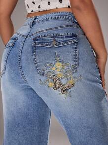 Jeanoix 大码蝴蝶刺绣口袋弹力喇叭牛仔裤 - 藍色 - 查看 2