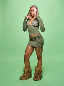 SUMWON WOMEN Super Model Ruched Mini Skirt Drawstring Side Detail Body Hugging Clubwear Festival Concert Party Urban Street Style Logo