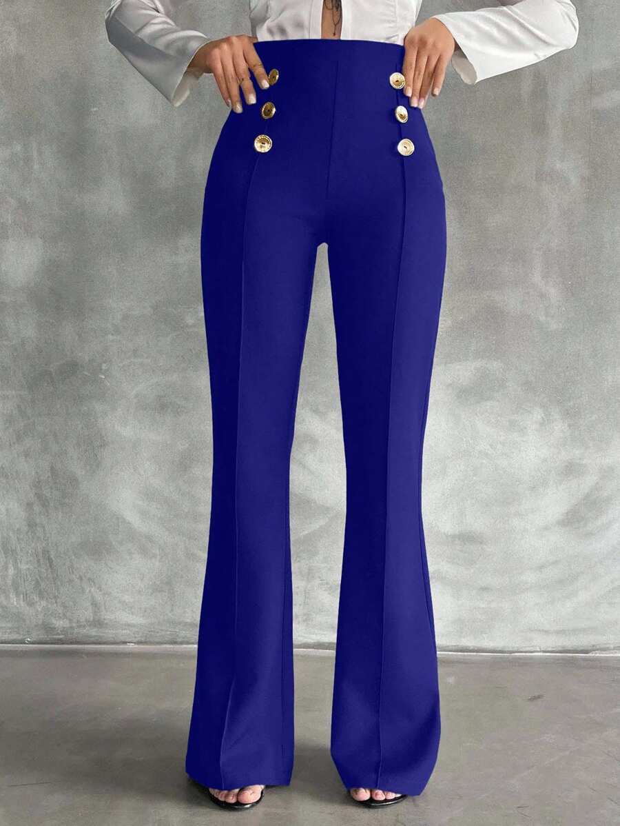 SHEIN Tall Pantalones acampanados de doble botonadura decorativa de talla alta - azul real - Ver 1