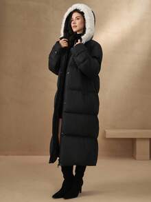 DAZY Women's Faux Fur Collar Hooded Long Sleeve Padded Coat, Autumn/Winter - Black - View 11