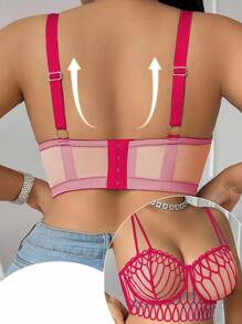 SHEIN 1 pieza Sujetador con aros y parches de malla para tallas grandes - Rosa Fucsia - Ver 2