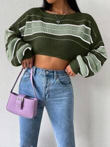 SHEIN Unity Women's Contrast Color Round Neck Ribbed Knit Cropped Casual Pullover Sweater Knit Pullover Fall Winter - Army Green - View 1