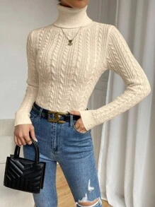 SHEIN Raffinéa Casual Solid Color Turtleneck Slim Fit Sweater, Autumn/Winter Knit Pullover Fall - Apricot - View 3