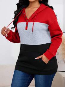 Women's New Contrast Color Patchwork Hooded Single-Breasted Drawstring Pullover Casual Sports Fitted Curve-Flattering Long Sleeve Half-Zip Sweatshirt With Pockets, Fleece Lined - Multicolor - View 3