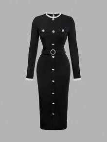 SHEIN MOD Đầm dài vừa phải thanh lịch, cổ tròn, tay dài, cài nút, viền bèo màu khối cho nữ, Đầm đen cho nữ, Đầm cài nút, Đầm thắt lưng, Đầm đen tay dài, Quần áo mùa thu cho nữ, - màu đen - Xem 2