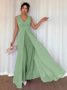 Breezaya Elegant V-Neck Ruched Waist Pearl Chiffon Wide Leg Jumpsuit, Suitable For Wedding Guest Dress, Purple - Mint Green - View 5