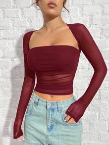 SHEIN EZwear Camiseta ajustada de malla burdeos transparente y sexy para mujer, top de malla burdeos transparente, top corto transparente, tops de otoño