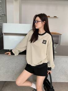 SHEIN 少女超大圆领运动衫，麻灰色，宽松版型，学院风运动休闲运动衫，数字印花，长袖简约运动上衣，适合返校季穿着，超大码