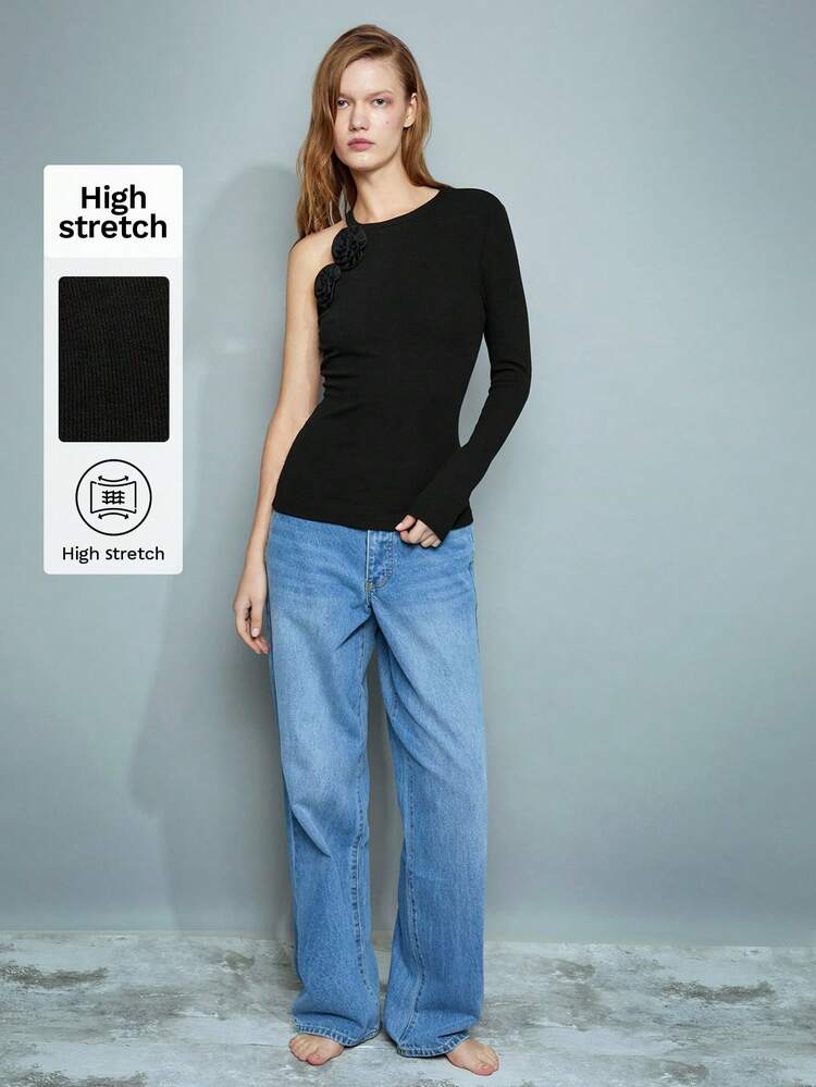 SHEIN Maija Women's Black 3D Floral Decor Elegant Slim Fit Knit Long Sleeve Tee , Fashionable & Sophisticated For Autumn/Winter, New Year Valentines Day Festival