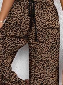 SHEIN Frenchy 大码女装音乐节小豹纹夏季高腰系带宽松休闲裤