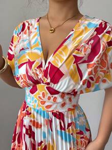 Rafferiza Pleated Slit Floral Print V-Neck Casual Vacation Bohemian Style Dress For Women Summer Dress