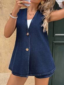 SHEIN Maternity Casual Denim Vest And Shorts 2 Pieces Set, Spring/Autumn - Blue - View 4