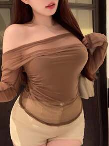 REIGN AVE Plus Size Women Mesh Patchwork Bodycon Off Shoulder Long Sleeve Cropped Top Going Out Tops - Khaki - View 6