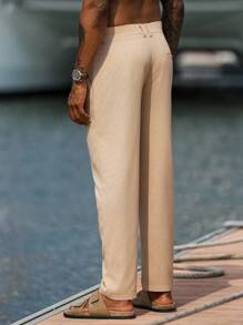 Manfinity Homme Men's Solid Color Pleated Straight Loose Casual Pants Linen Pants Men Men Summer Pants Breathable Summer Pants Men - Khaki - View 3