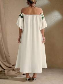 Roveilla فستان إليجانس للسيدات بياقة مكشوفة الكتف بتطريز زهري، ذو لون أحادي للمقاسات الكبيرة