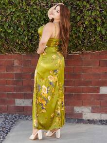 Lupita Cardoza 花卉印花结饰前开叉大腿缎面吊带连衣裙长款女装 - 橄欖綠 - 查看 2