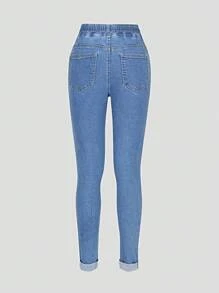 SHEIN 少女Y2K风格牛仔裤，秋冬新款，时尚休闲简约高弹面料，水洗牛仔蓝修身弹力抓绒面料，舒适日常休闲裤，卷边裤脚，抽绳腰带，修身弹力面料，舒适又时尚 - 中等水洗藍 - 查看 2