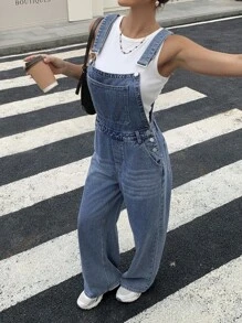 Livesso 女士宽松休闲牛仔背带裤，夏季工装裤 - 藍色 - 查看 1