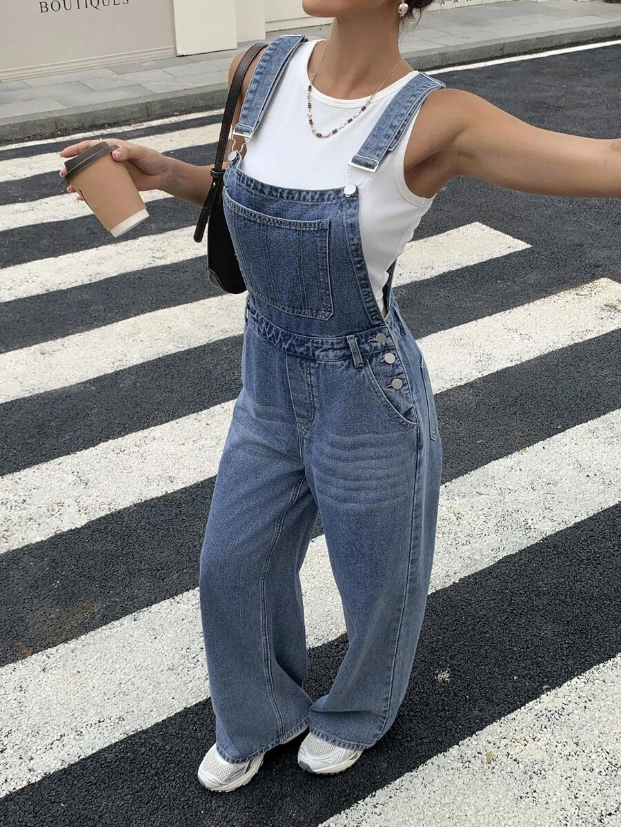 Livesso 女士宽松休闲牛仔背带裤，夏季工装裤 - 藍色 - 查看 1