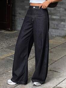 DAZY 女士口袋设计开衩宽松牛仔裤，休闲街头风长裤 - 深色水洗藍 - 查看 4