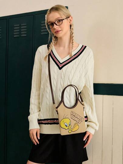 LOONEY TUNES X SHEIN Cute & Fashionable Letter And Cartoon Pattern Top Handle Bag