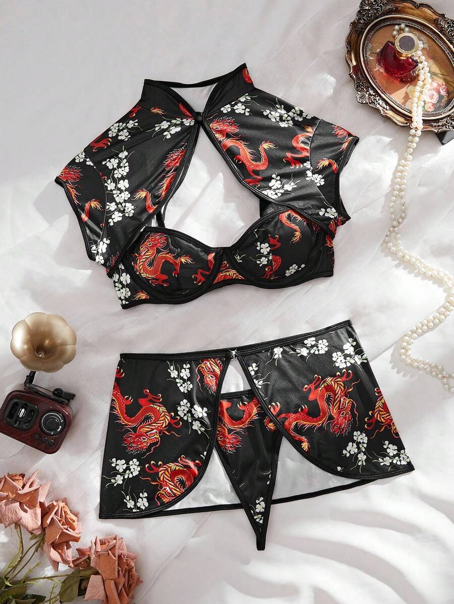 4件套性感印花钢圈聚拢镂空内衣套装