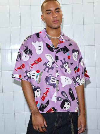 Paul Frank X ROMWE Camisa casual de manga corta con botones y estampado de dibujos animados para hombre, de verano