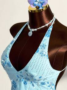 Amplova Bộ 2 món áo hở lưng buộc dây phía trước và chân váy ngắn in họa tiết hoa đính sequin và hạt cườm gợi cảm dành cho kỳ nghỉ bãi biển dành cho nữ cỡ lớn - Màu xanh lam - Xem 6