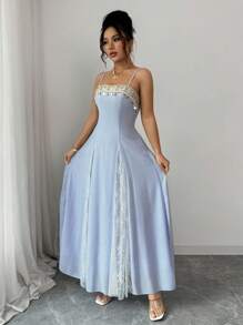 Rafferiza Women's Elegant Color Block Contrast Lace Sequins Spaghetti Strap A-Line Dress - Blue - View 5