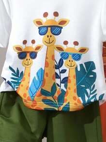Conjunto de 4 piezas para bebé niño, izquierda: Camiseta blanca con estampado de jirafa + pantalones cortos verde fresco, lleno de encanto infantil; derecha: Camiseta con estampado de león + pantalones cortos de cintura elástica naranja, moda y juguetona - Multicolor - Ver 6