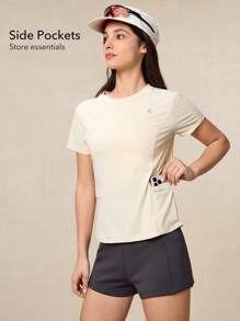 OutZeal 女士户外T恤，适合工作、健身穿着，夏季防紫外线，触感凉爽，圆领设计，带口袋。 - 黃色 - 查看 2