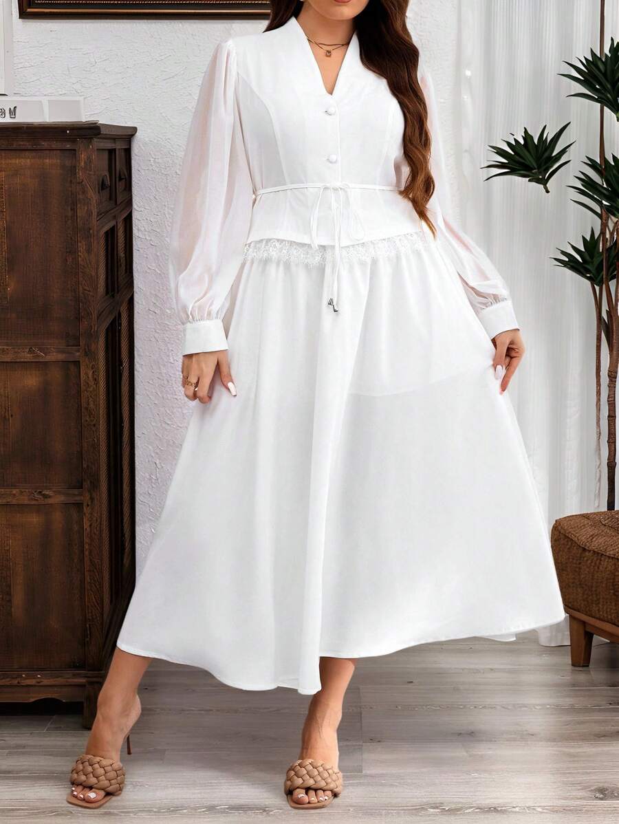 Modelyn Ensemble 2 pièces : Chemisier unicolore élégant et jupe pour grande taille, pour le travail