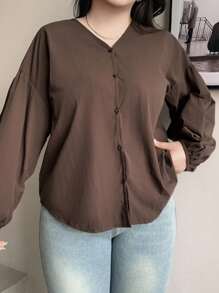 Dazy Plus 大码女式休闲V领灯笼袖宽松长袖衬衫，春秋季 - 棕色 - 查看 3