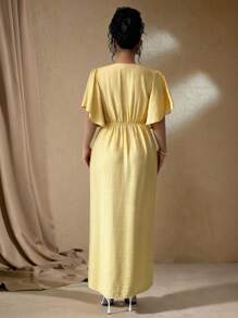 Roveilla 大码女式法式优雅休闲度假下午茶波西米亚风 V 领纽扣装饰 A 字开衩泡泡袖长裙，春夏