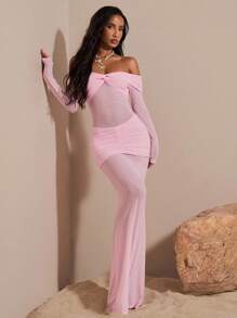 Opulessa 女式纯色针织网眼露肩长袖连衣裙 - 粉色 - 查看 6