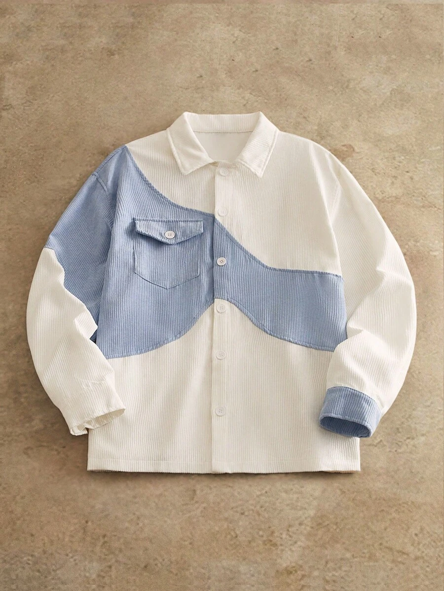 HIMLAND Áo khoác nhung kẻ cổ điển màu trắng xanh họa tiết chắp vá bất đối xứng dáng rộng rãi cho nam, tay dài, dáng rộng, thường ngày, dành cho mùa thu đông - Xanh và trắng - Xem 1