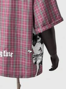 ROMWE MEN Street Life 男士夏季短袖衬衫，独特设计天使儿童英文印花格子衬衫 - 粉色 - 查看 6