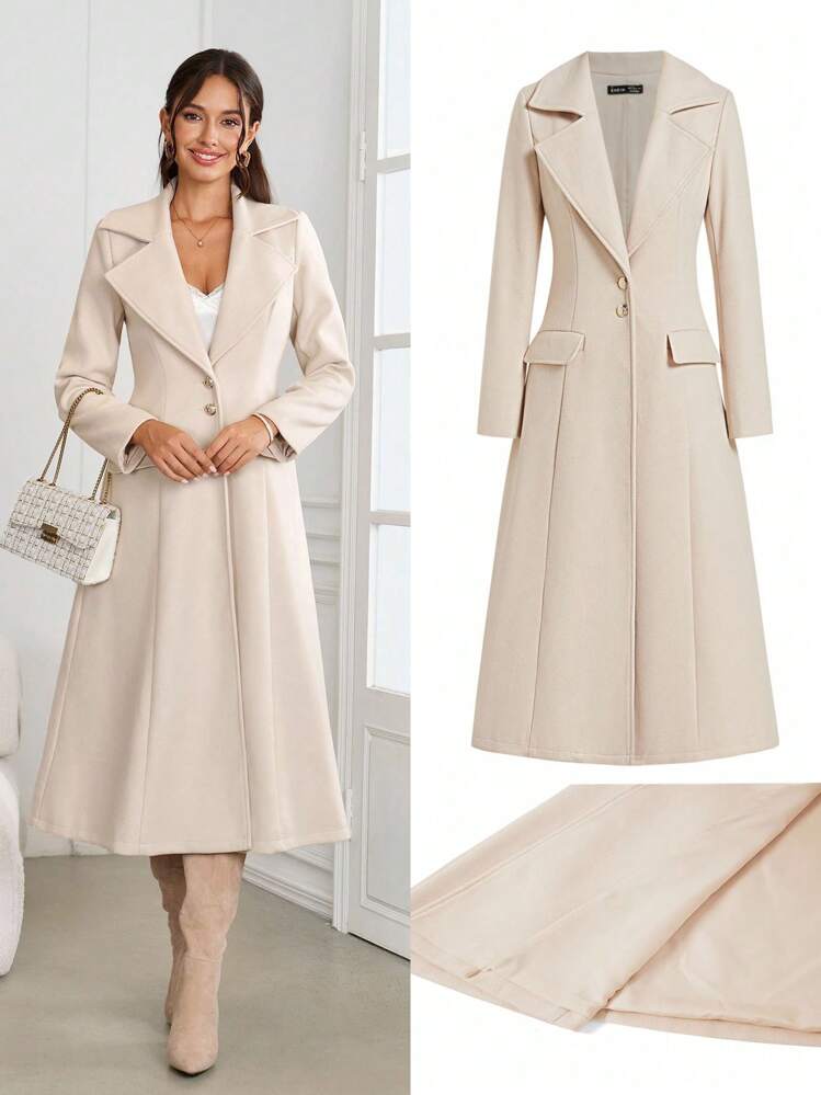 Ellevyn Women's Elegant Notched Collar Long Woolen Coat With Pockets, Suitable For Street, Commute And Multi-Occasion Wear, Autumn Women's Winter Coat  Chic Autumn,Fall - Apricot - View 10