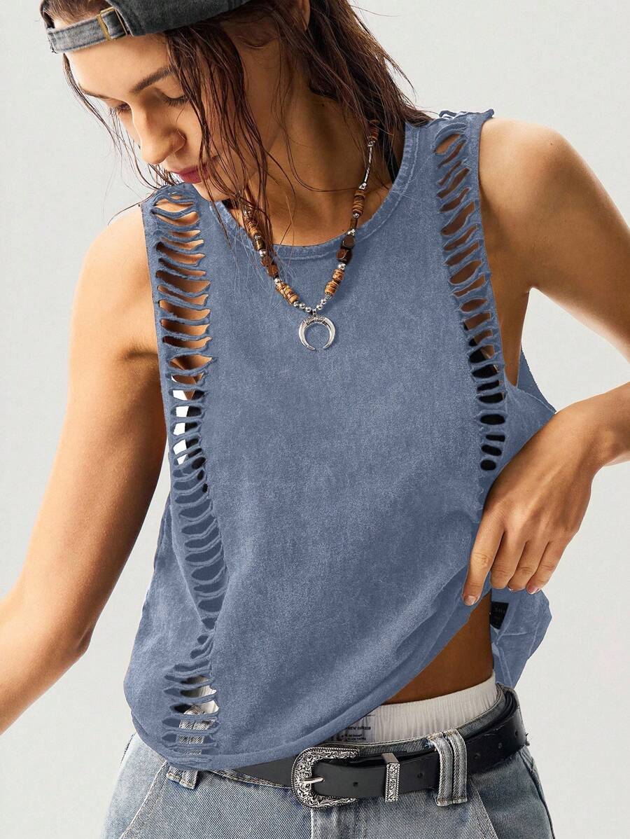 Bohemela Solid Color Knit Cropped Washed Women Tank Top Blue Top Women Distressed Top