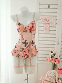 SHEIN 4件套女士浪漫花卉印花性感吊带背心套装 - 粉色 - 查看 6