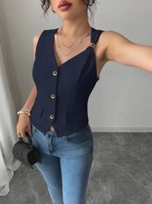 Elenzga 女士时尚优雅纯色高品质休闲翻领开襟无袖假口袋上衣，适合工作场合穿着 - 藏蓝色 - 查看 3