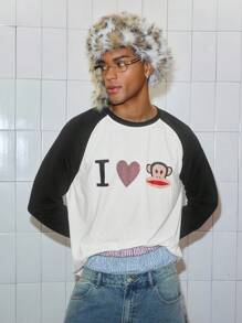 ROMWE MEN Paul Frank X ROMWE Men Rhinestone Detail Letter Cartoon Pattern Contrast Raglan Long Sleeve T-Shirt, Fall, 2000s Style