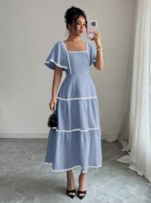 Rafferiza 女式方领泡泡袖纹理法式度假荷叶边下摆连衣裙，优雅奶油黄色 - 藍色 - 查看 5