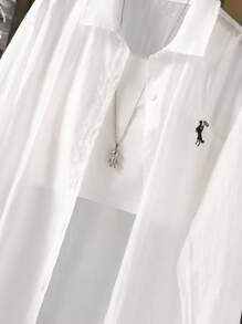 青少年女孩休闲百搭多功能透明刺绣长袖衬衫，适合日常穿着 - 白色 - 查看 4