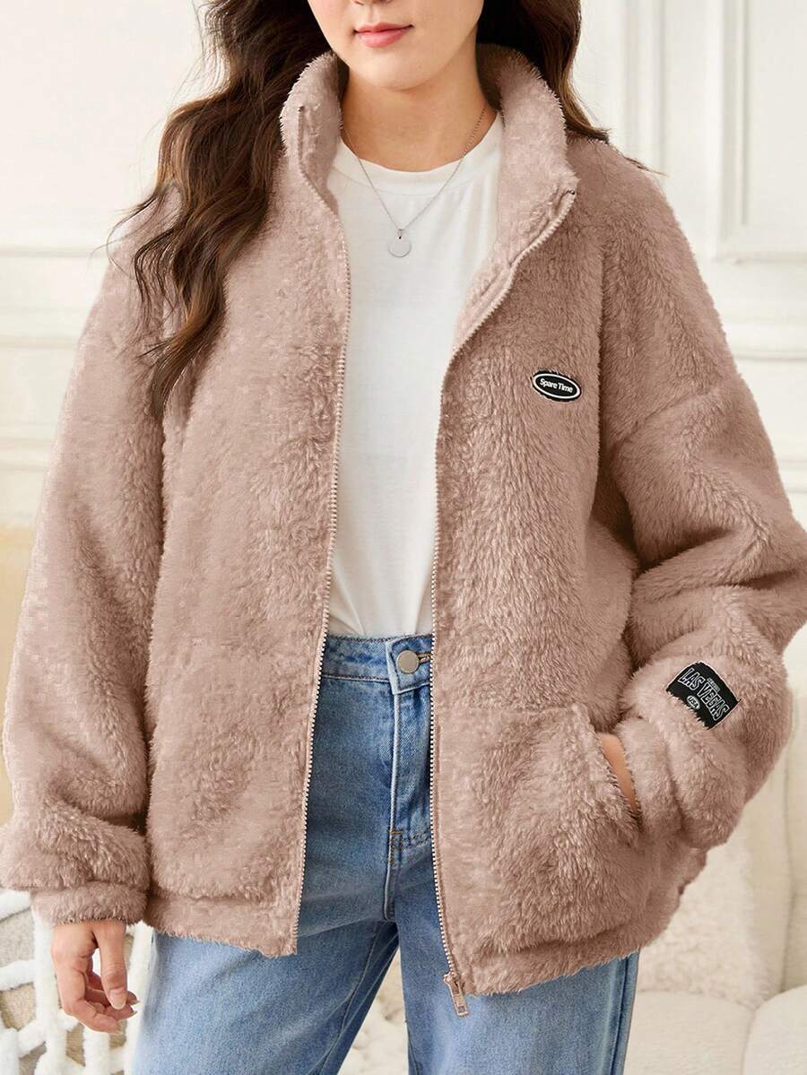 SHEIN Teen Girl Solid Color Double-Sided Fleece Patchwork Collar Casual Jacket In Fall/Winter