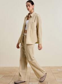 INAWLY 2pcs Women Casual Shirt & Pants Set, Suitable For Commuting And Leisure Wear In Early Autumn - Khaki - View 3