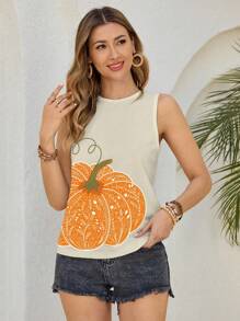 Shutterstock Glamance Camiseta de tirantes casual de corte holgado con cuello redondo y estampado de calabaza para mujer
