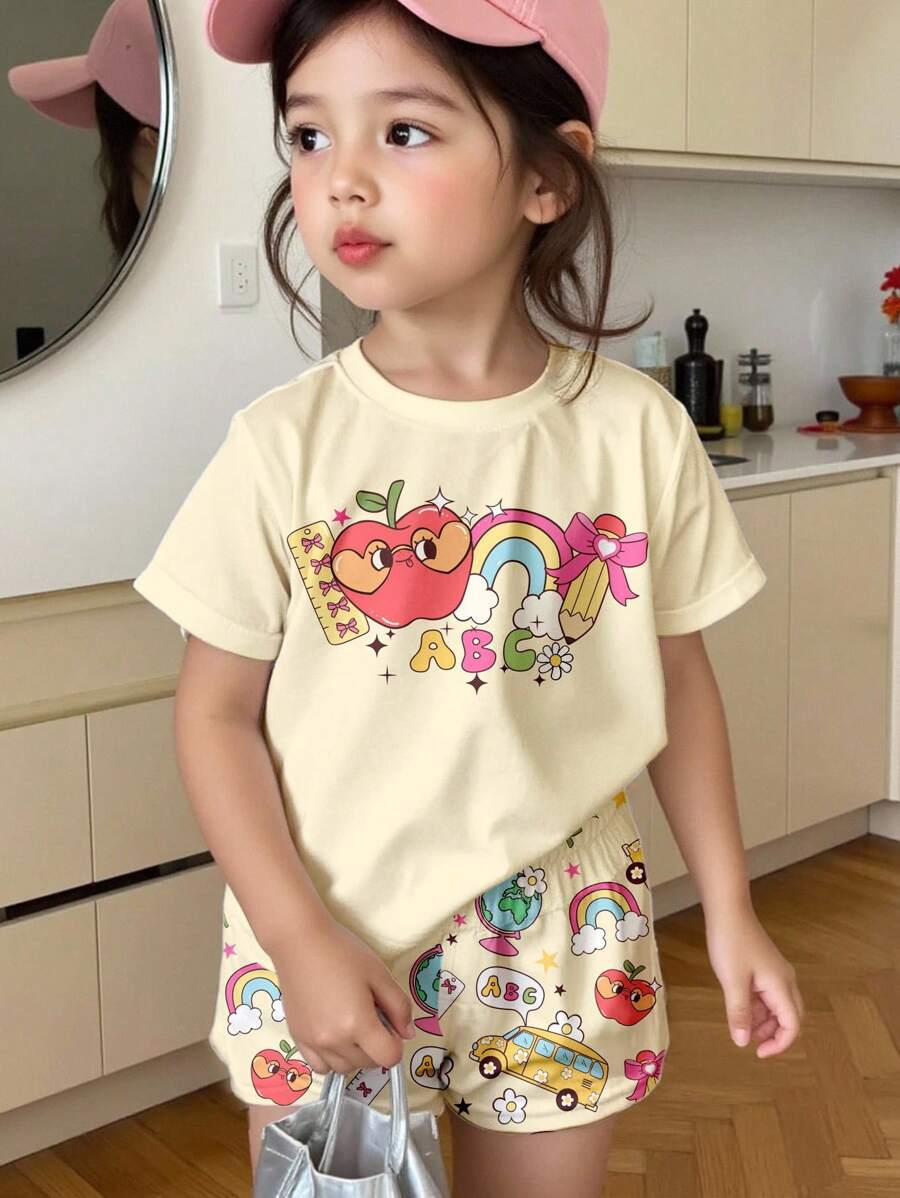 SHEIN Happikins 可爱复古苹果、彩虹、字母、蝴蝶结印花休闲简约短袖上衣和短裤两件套,适合夏季、返校、返校节穿着,少女夏季服装,可爱卡通图案女童两件套婴儿服装,可爱衬衫 - 彩色 - 查看 1