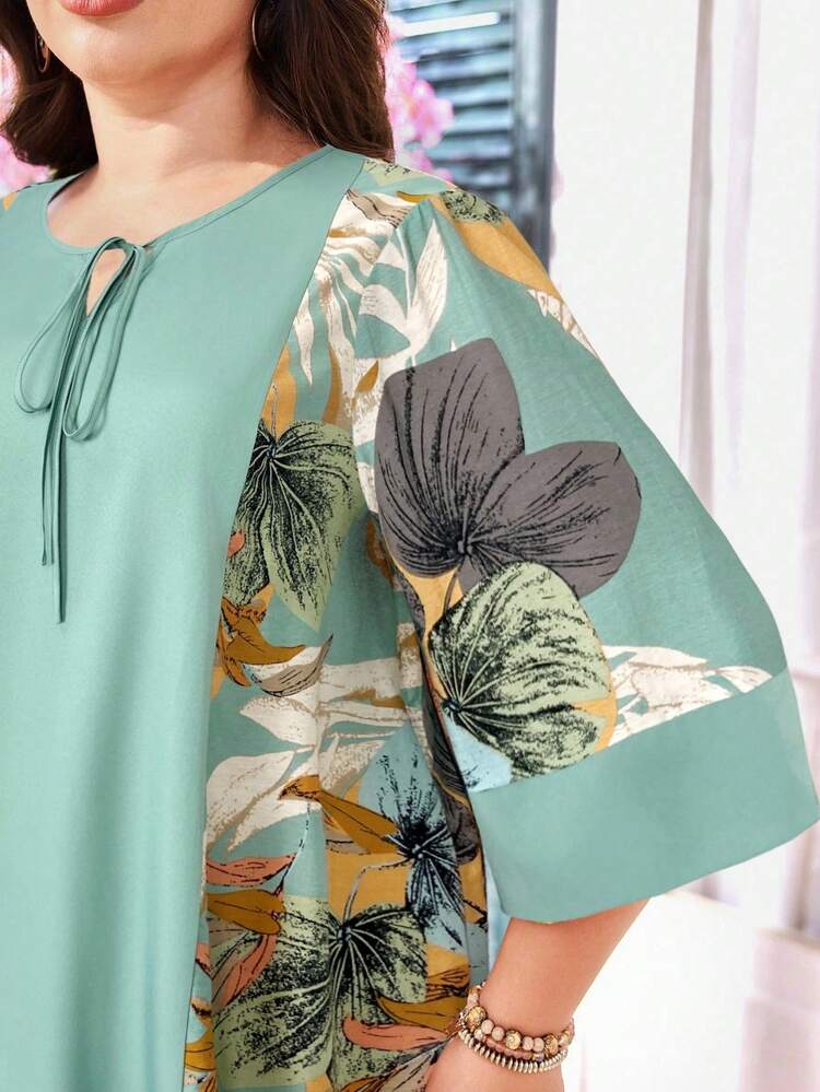 SHEIN Lacomfia Women's Round Neck Tie-Up 3/4 Sleeve Patchwork Loose Comfortable Plus Size Arabic Dress - Multicolor - View 3